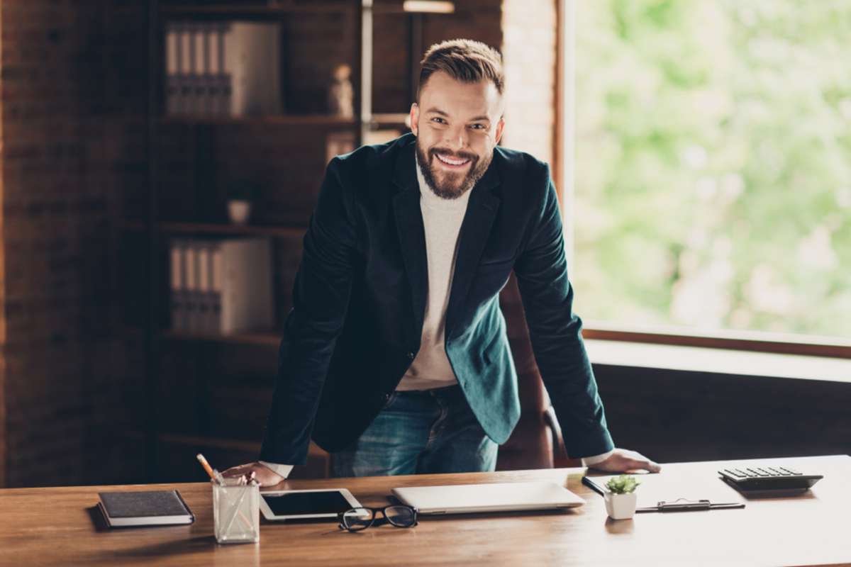 Classic elegant glad cheerful smart clever intelligent content bearded handsome attractive business shark